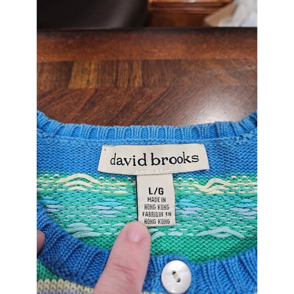 Vintage David Brooks Floral Spring Stripe Cardigan Sweater Sz L 100% Cotton - Picture 2 of 6